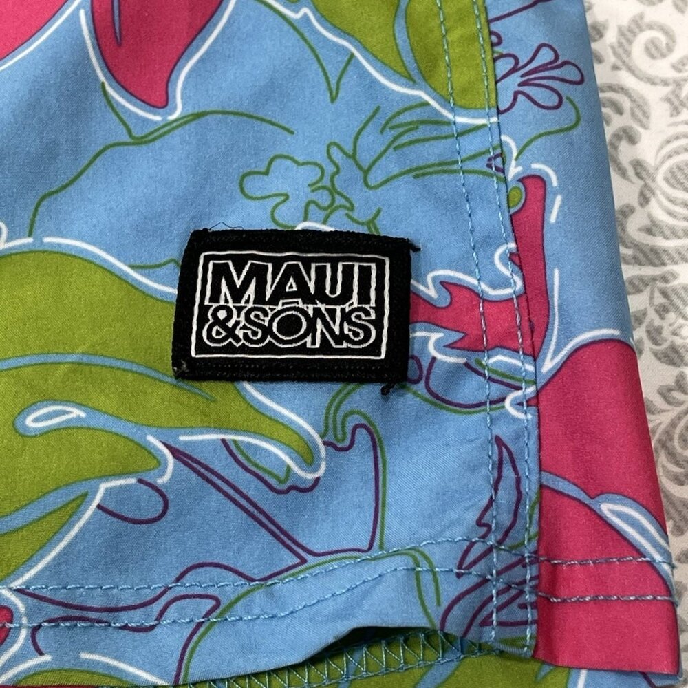 Maui & Sons Board Shorts Men’s 30 Tropical Floral Swim Trunks Blue Pink Hawaii - Picture 2 of 16
